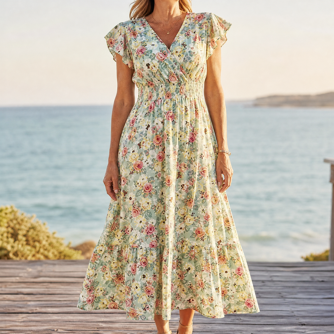 Florenza™ – Floral V-Neck Smocked Waist Midi Dress