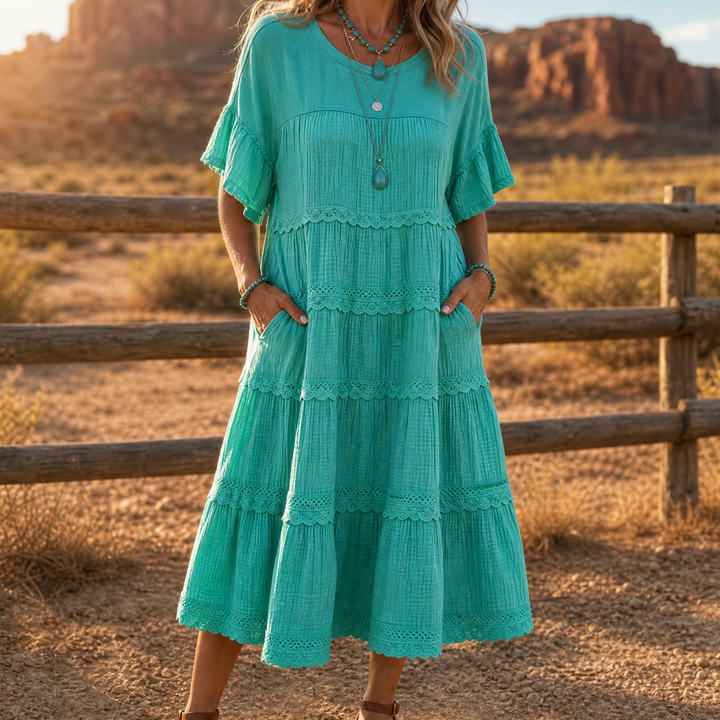 Sundara™ Tiered Lace Midi Dress with Hidden Pockets