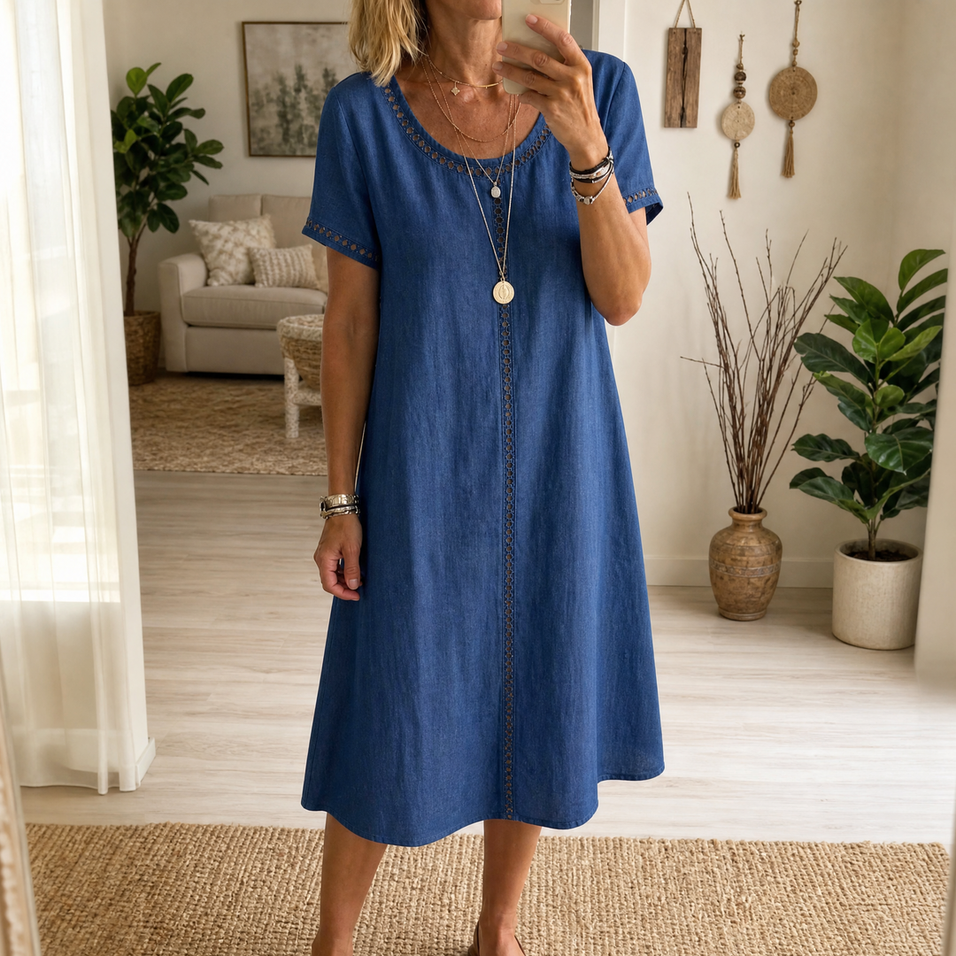 Lunavia™ Eyelet Trim Linen Midi Dress for Effortless Summer Style