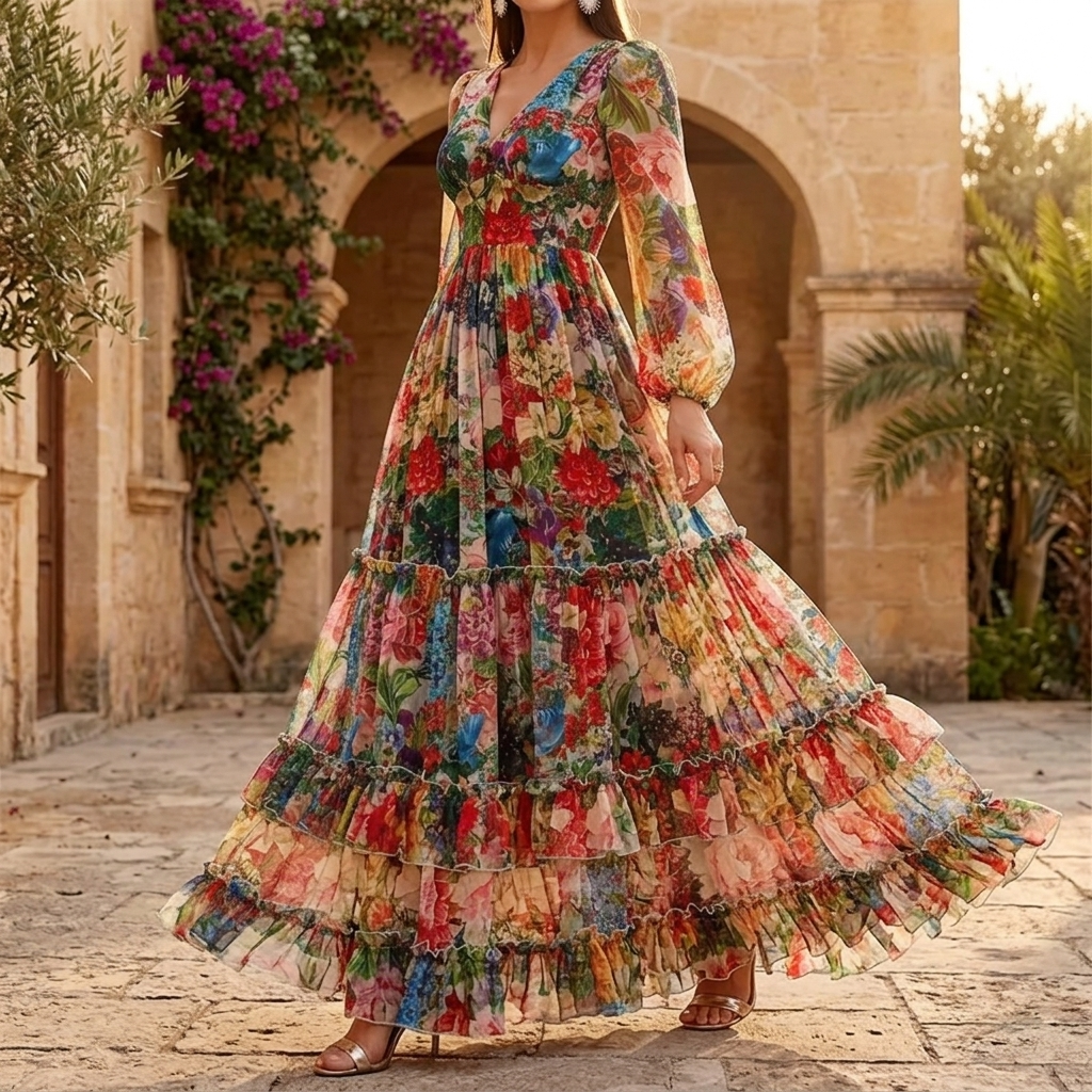 Floressa™ – Tiered Floral Maxi Dress with Lantern Sleeves