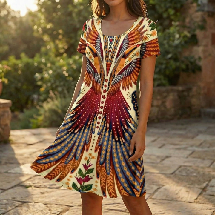 Vivara™ – Bold Peacock Wingspan Summer Dress