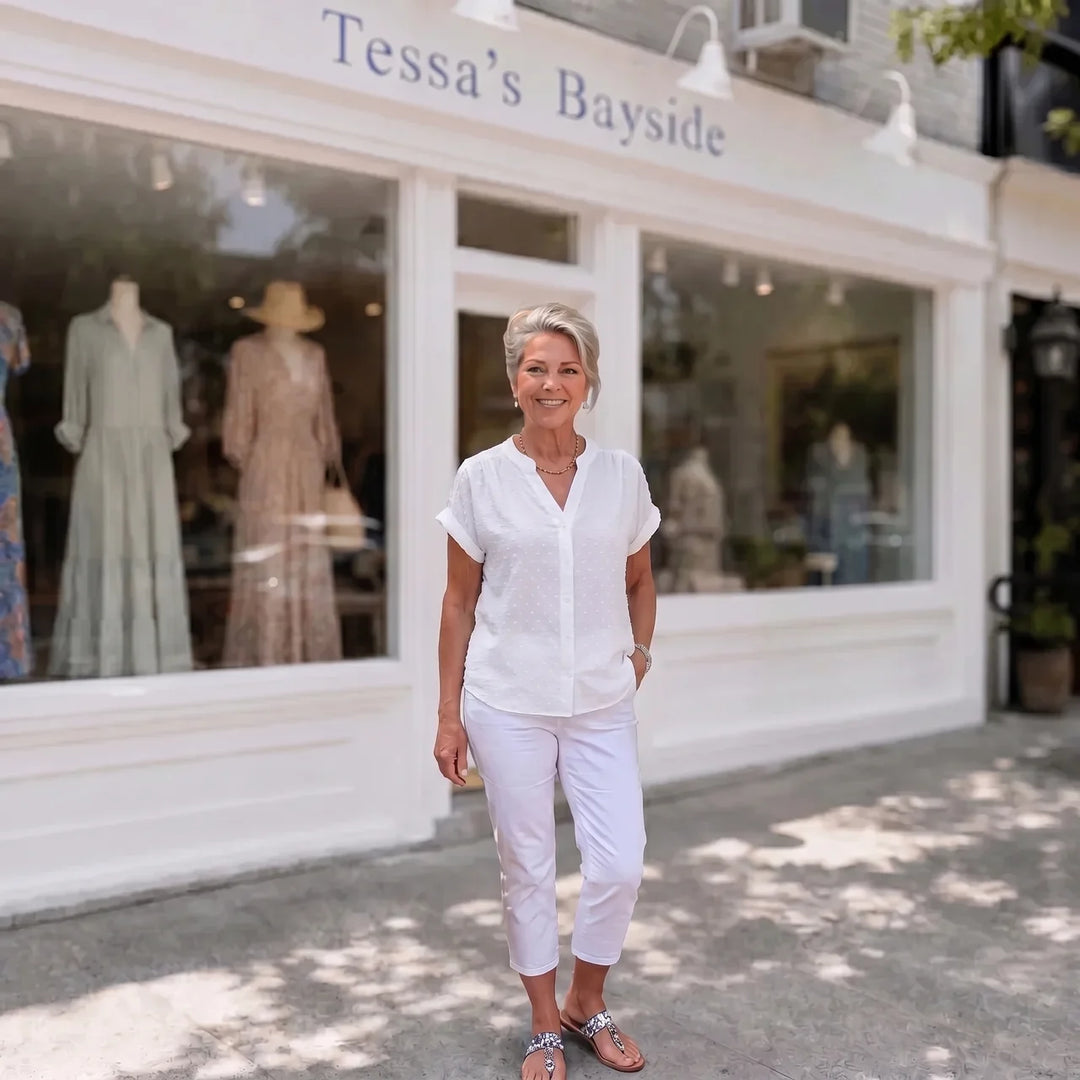 Leilani | Swiss Dot Vacation Blouse — Classic White