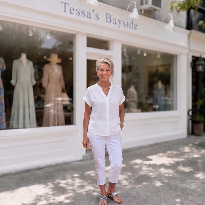 Leilani | Swiss Dot Vacation Blouse — Classic White