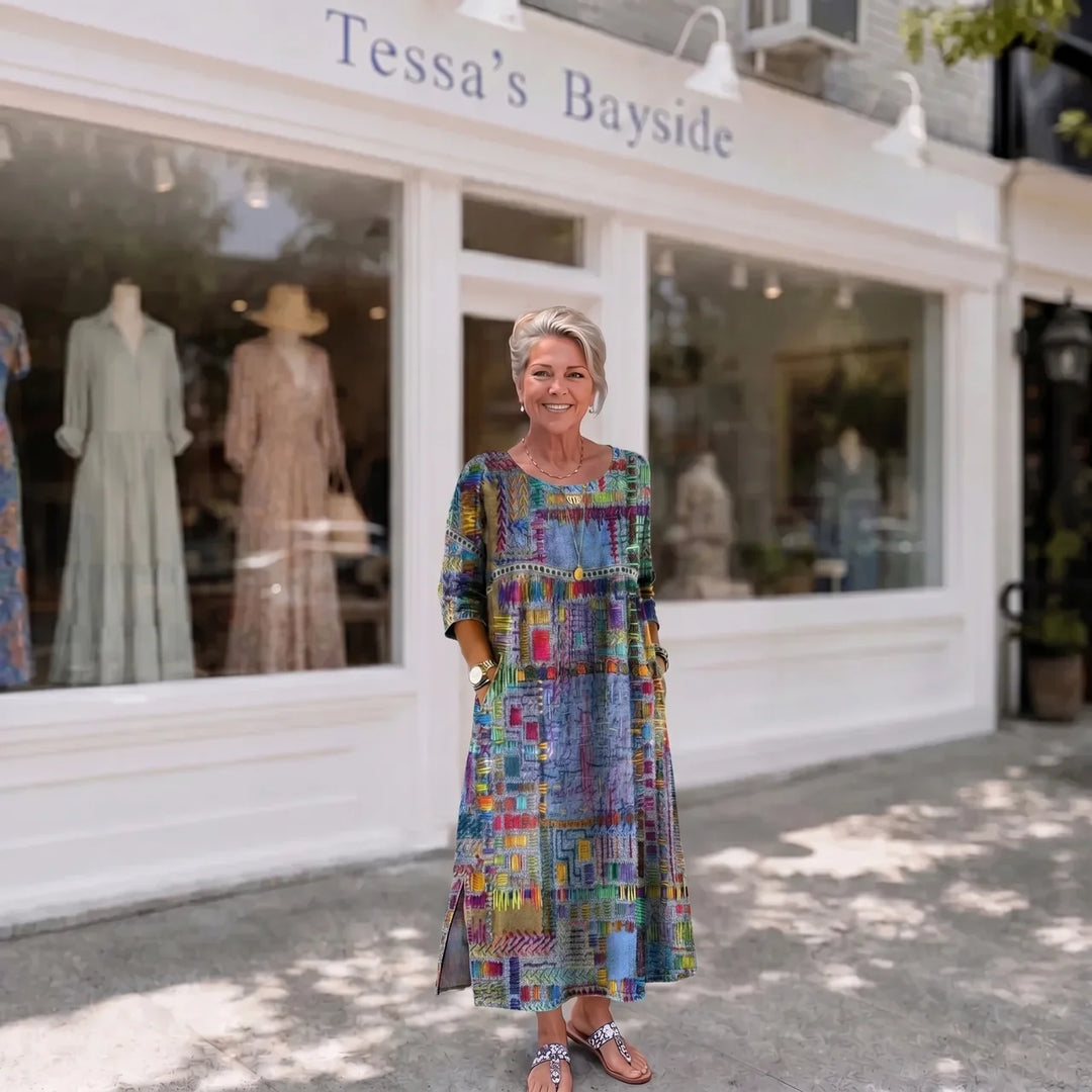 Tessara™ – Artisan Print Midi Dress with Pockets
