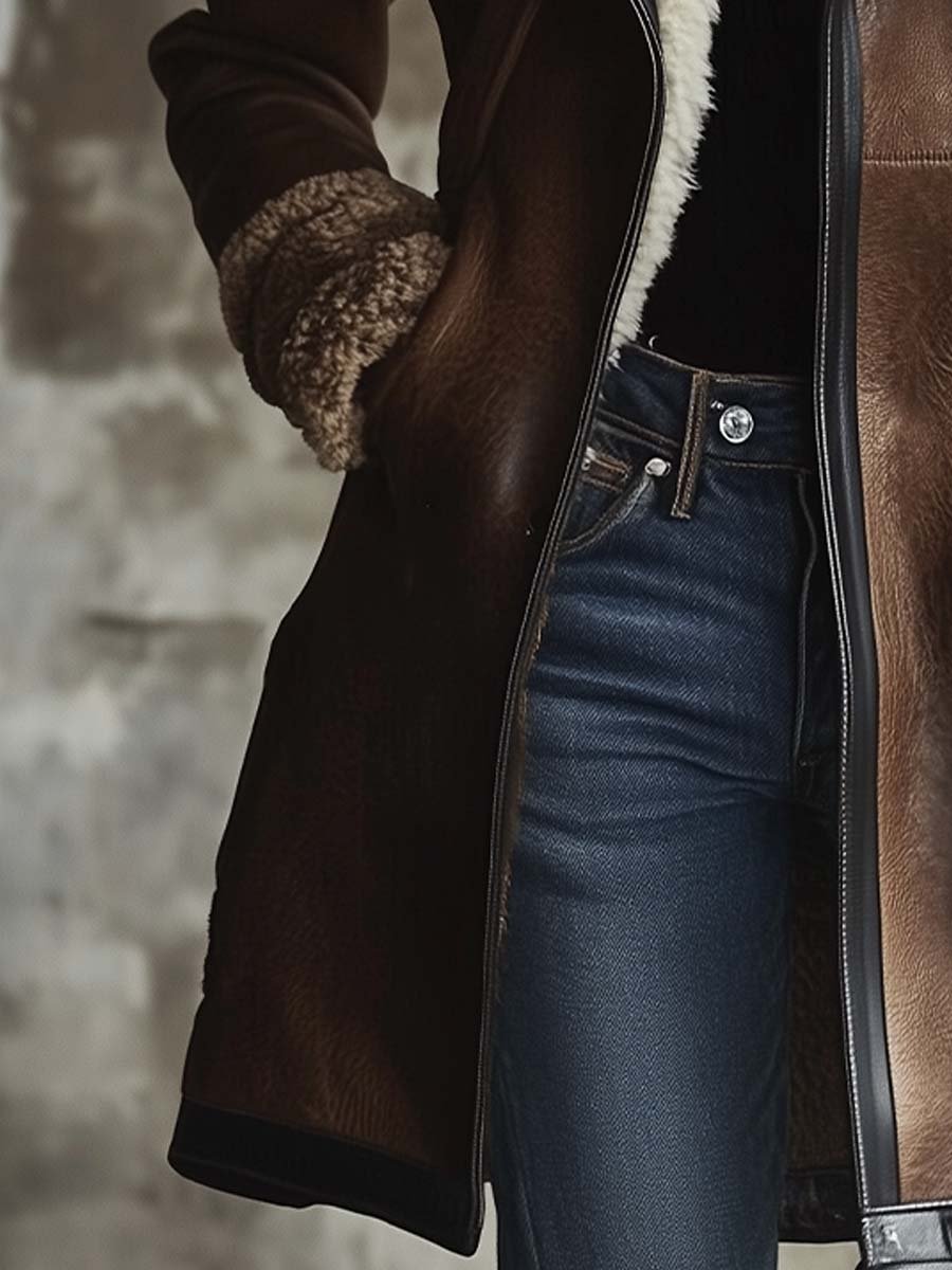 Women's Vintage Contrast Lambskin Collar Faux Leather Coat