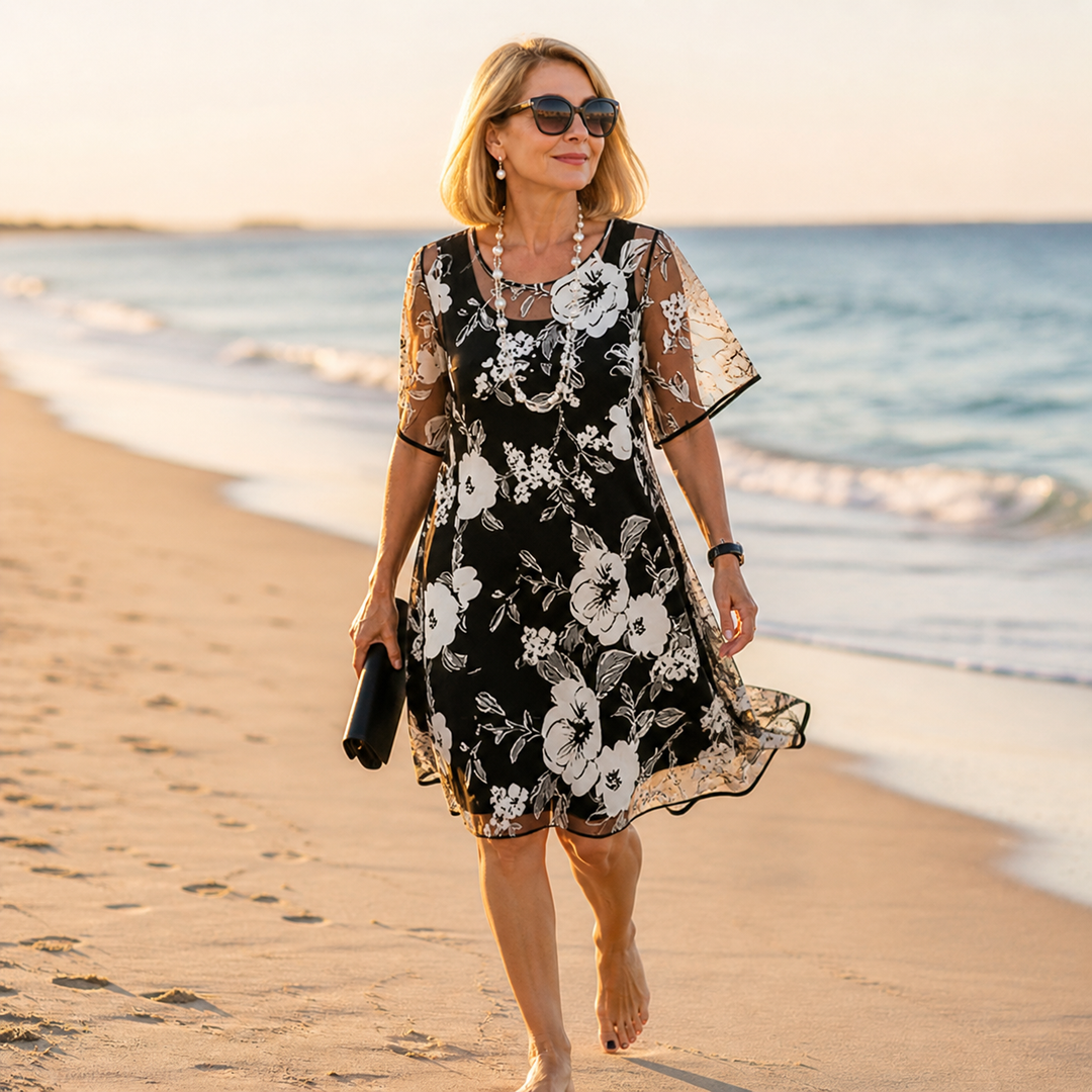 Solenya™ – Floral Chiffon Dress with Sheer Overlay