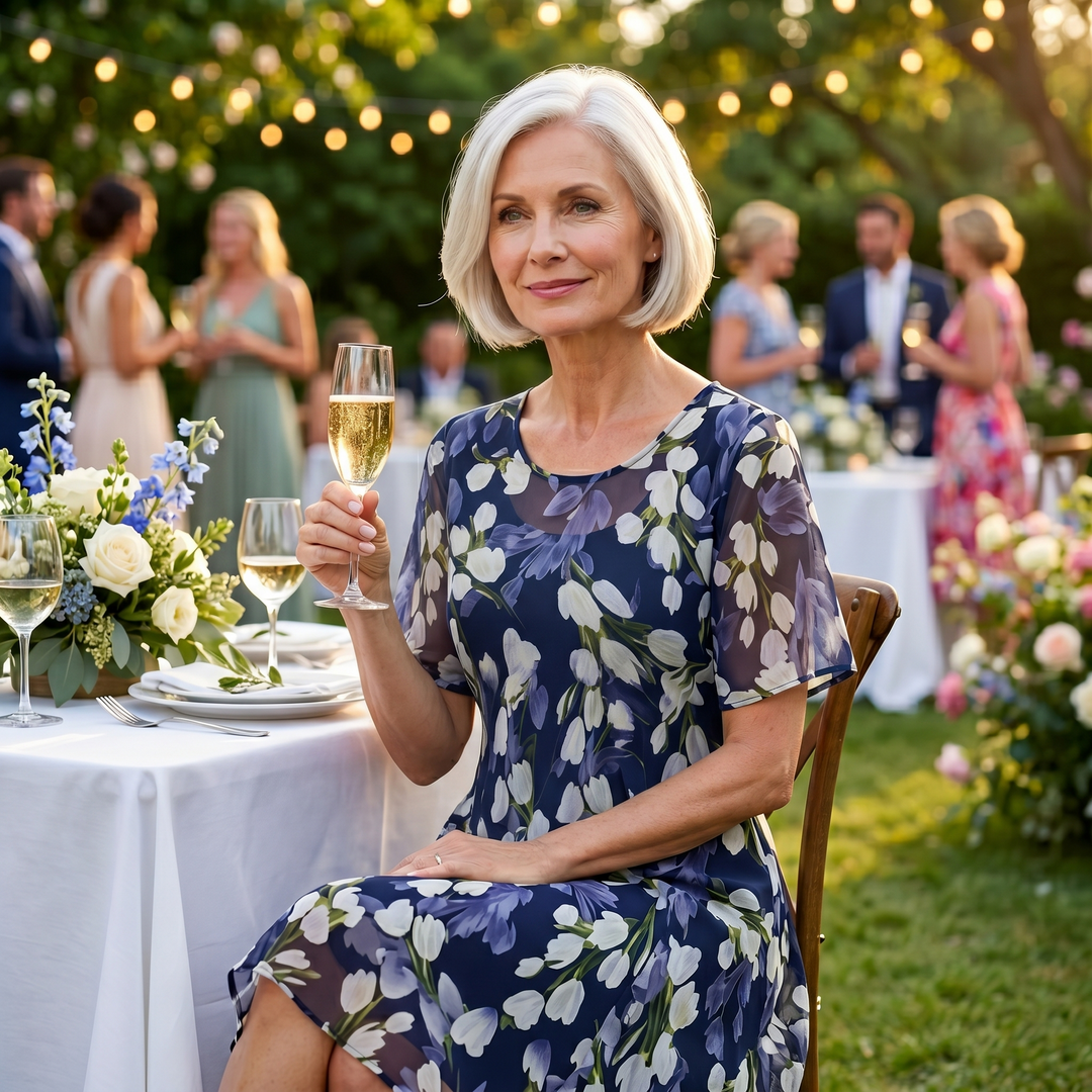 Florenza™ – Elegant Navy Floral Midi Dress