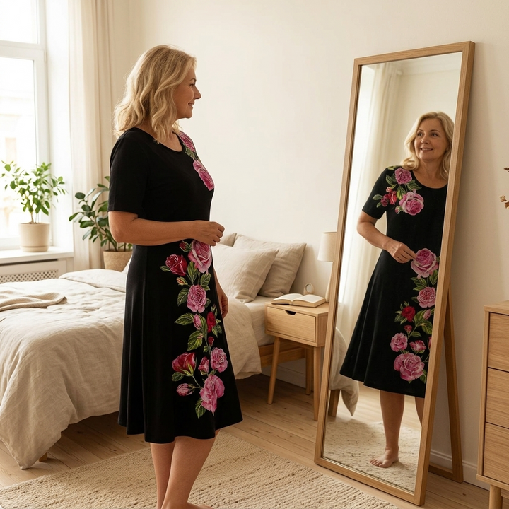 Rosalia™ – Elegant Rose Print A Line Dress