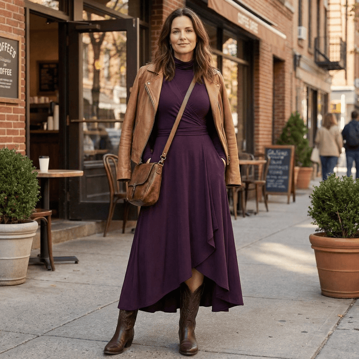 Florenne™ – Asymmetrical Draped High Neck Maxi Dress