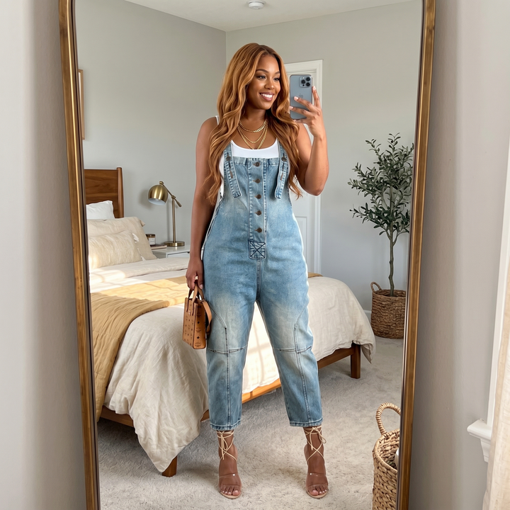 Curvella™ – Button-Front Tapered Denim Overalls