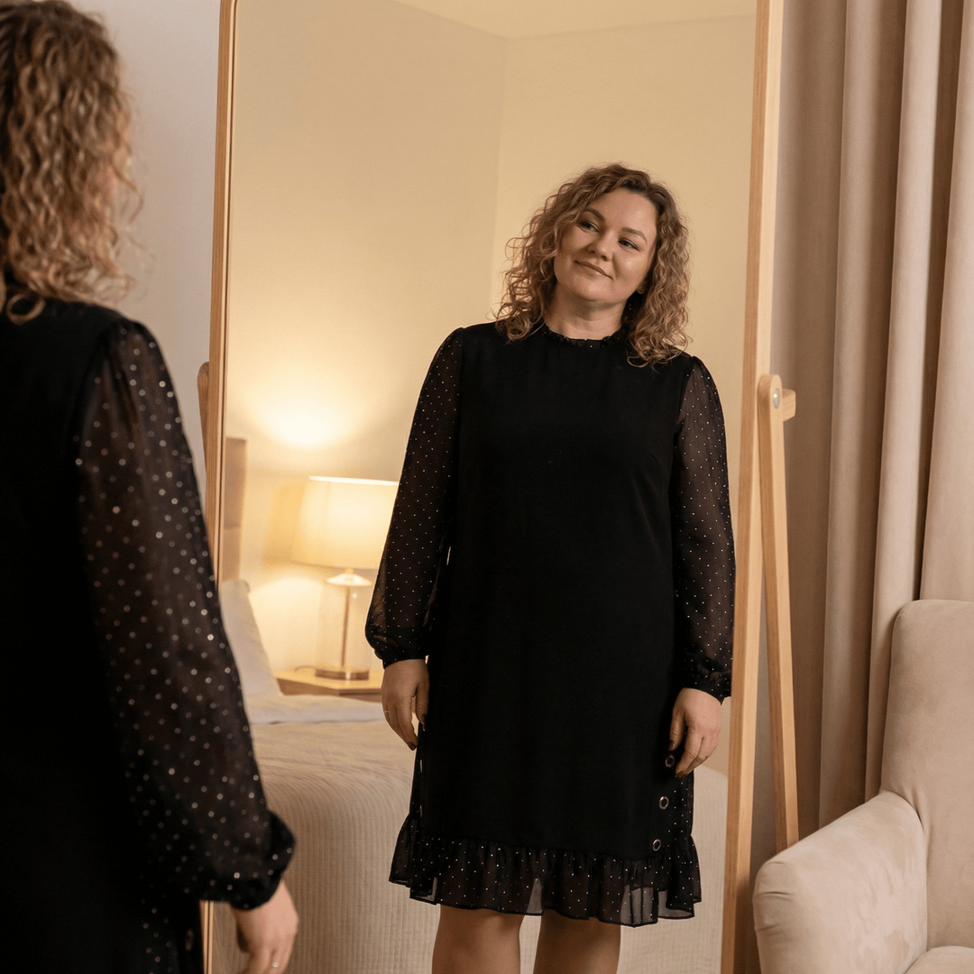 Lumiveil™ – Rhinestone Mesh Sleeve Dress with Ruffle Hem