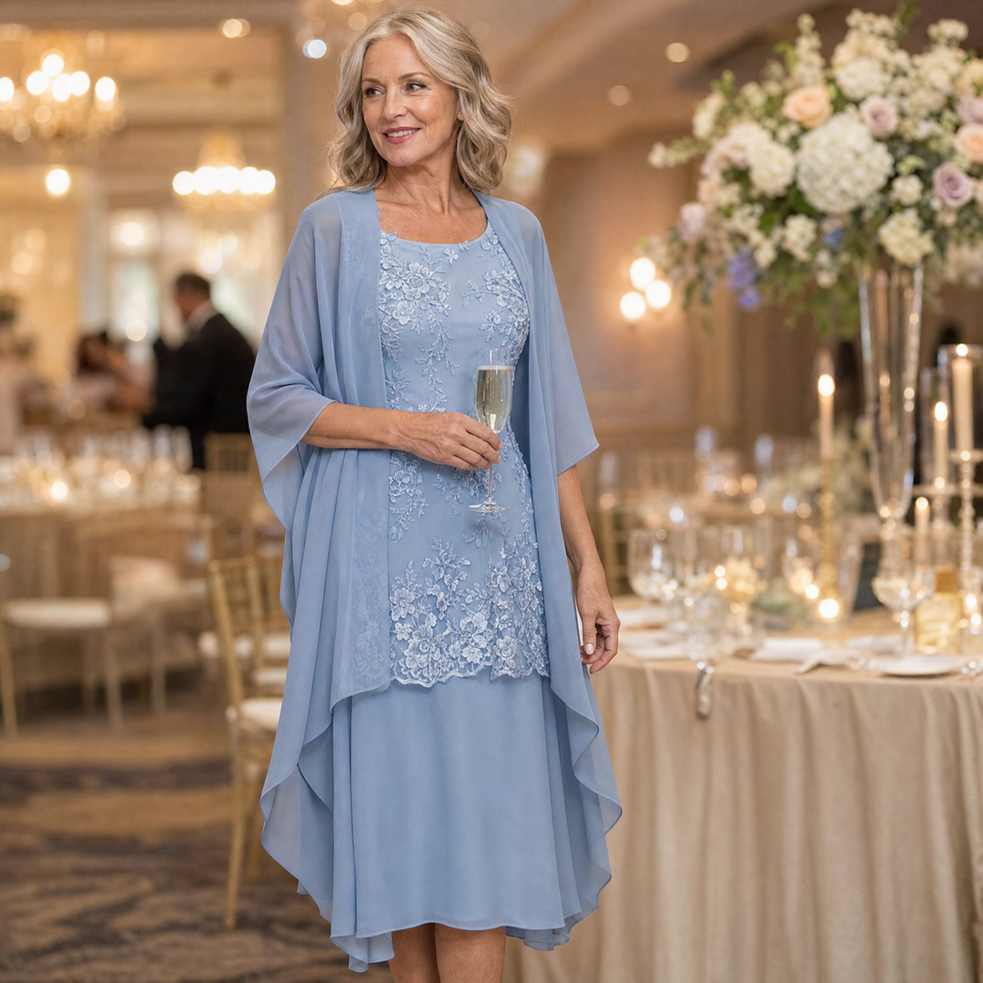 Lunavia™ Floral Lace Dress Set with Chiffon Shawl