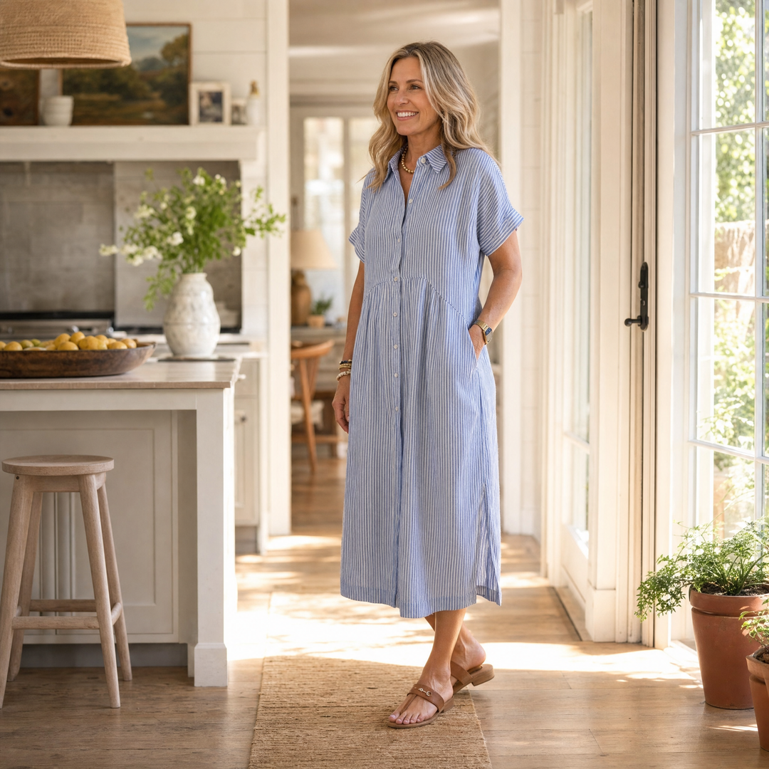 Elira™ – Airy Striped Midi Shirt Dress