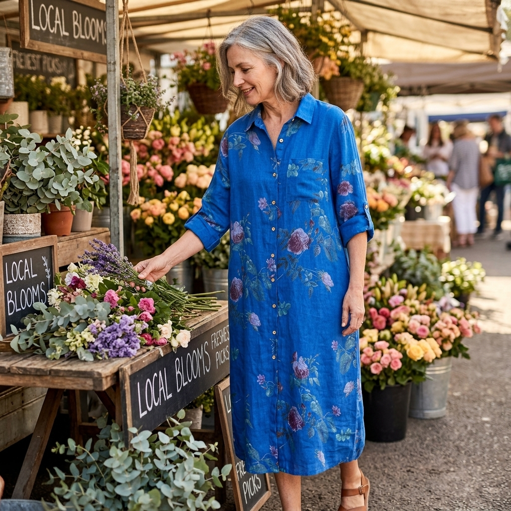 Rosalie™ – Floral Cotton Linen Shirt Dress
