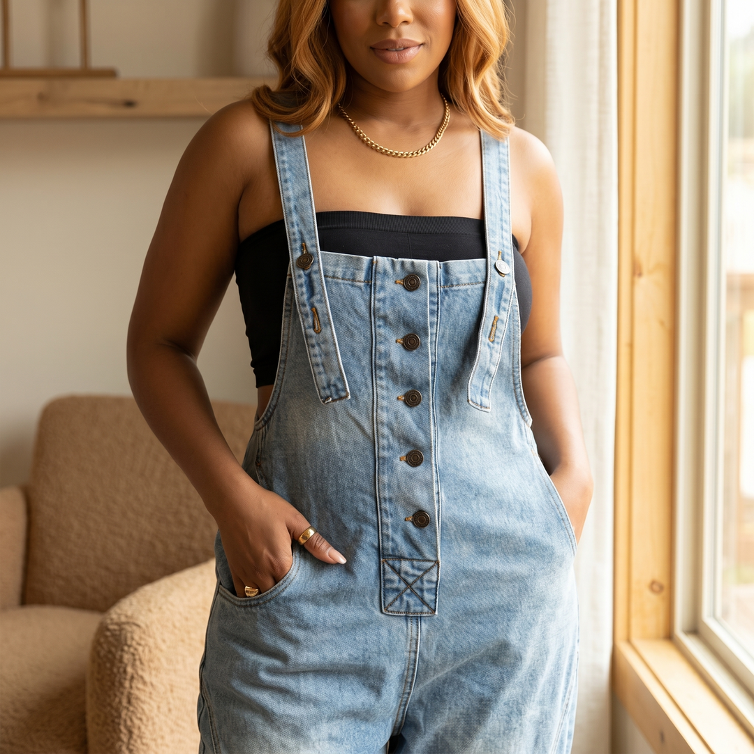 Curvella™ – Button-Front Tapered Denim Overalls