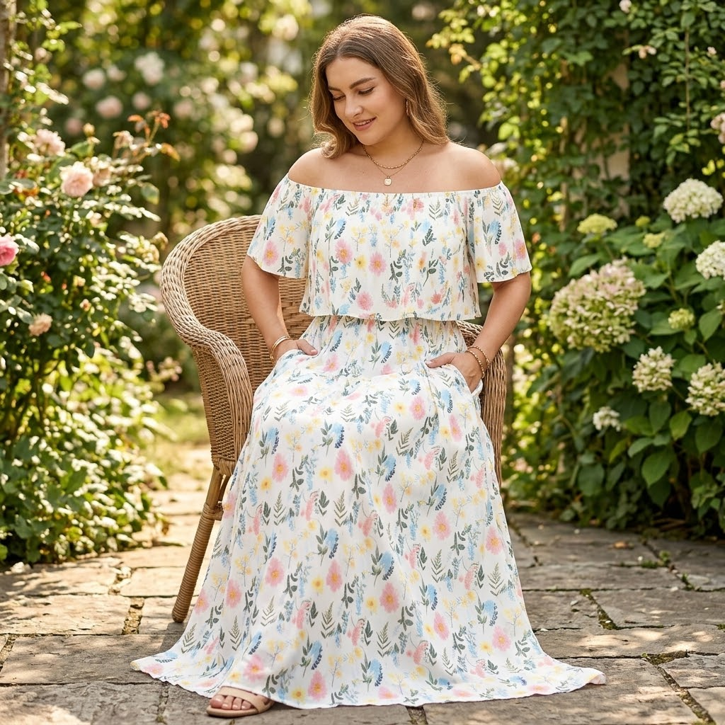 Florevia™ – Off-Shoulder Floral Maxi Dress with Hidden Pockets