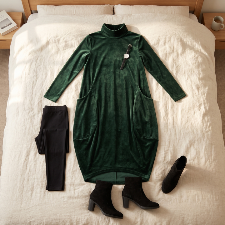 Sofelle™ - Velvet Cocoon Midi Dress with Hidden Pockets