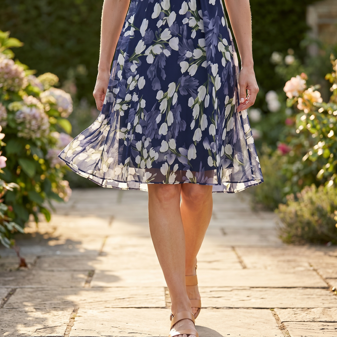 Florenza™ – Elegant Navy Floral Midi Dress