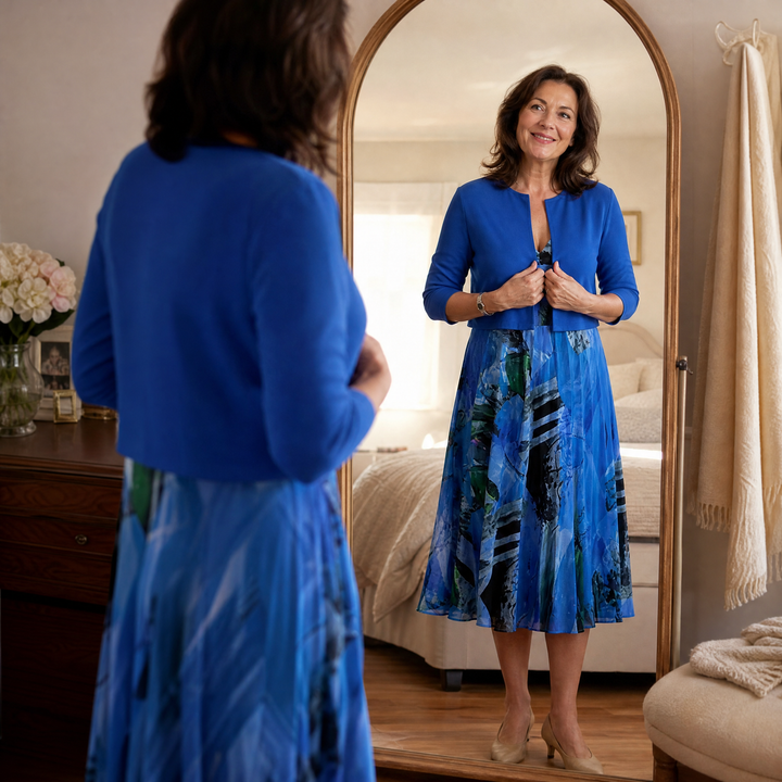 Phaeline™ - Printed Midi Dress with Attached Cardigan
