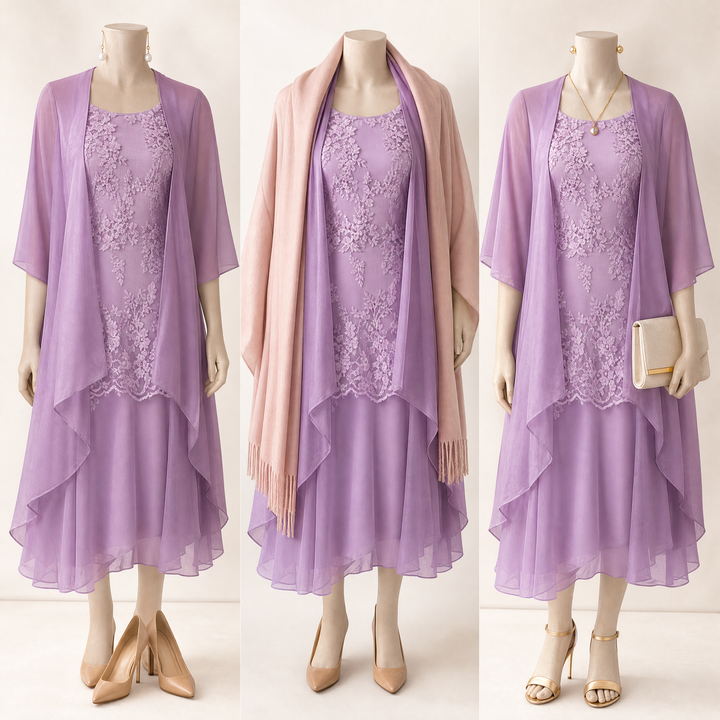 Lunavia™ Floral Lace Dress Set with Chiffon Shawl