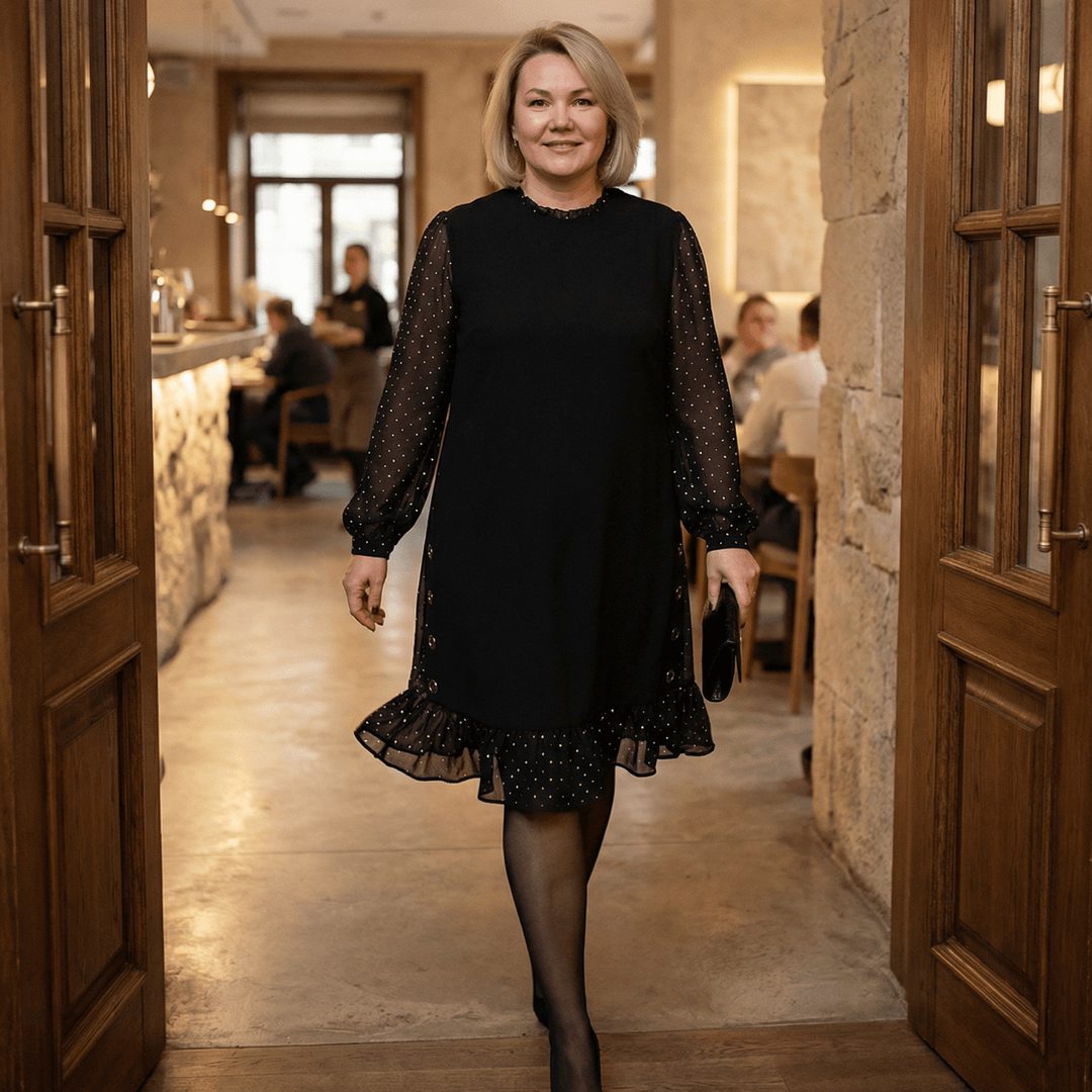 Lumiveil™ – Rhinestone Mesh Sleeve Dress with Ruffle Hem