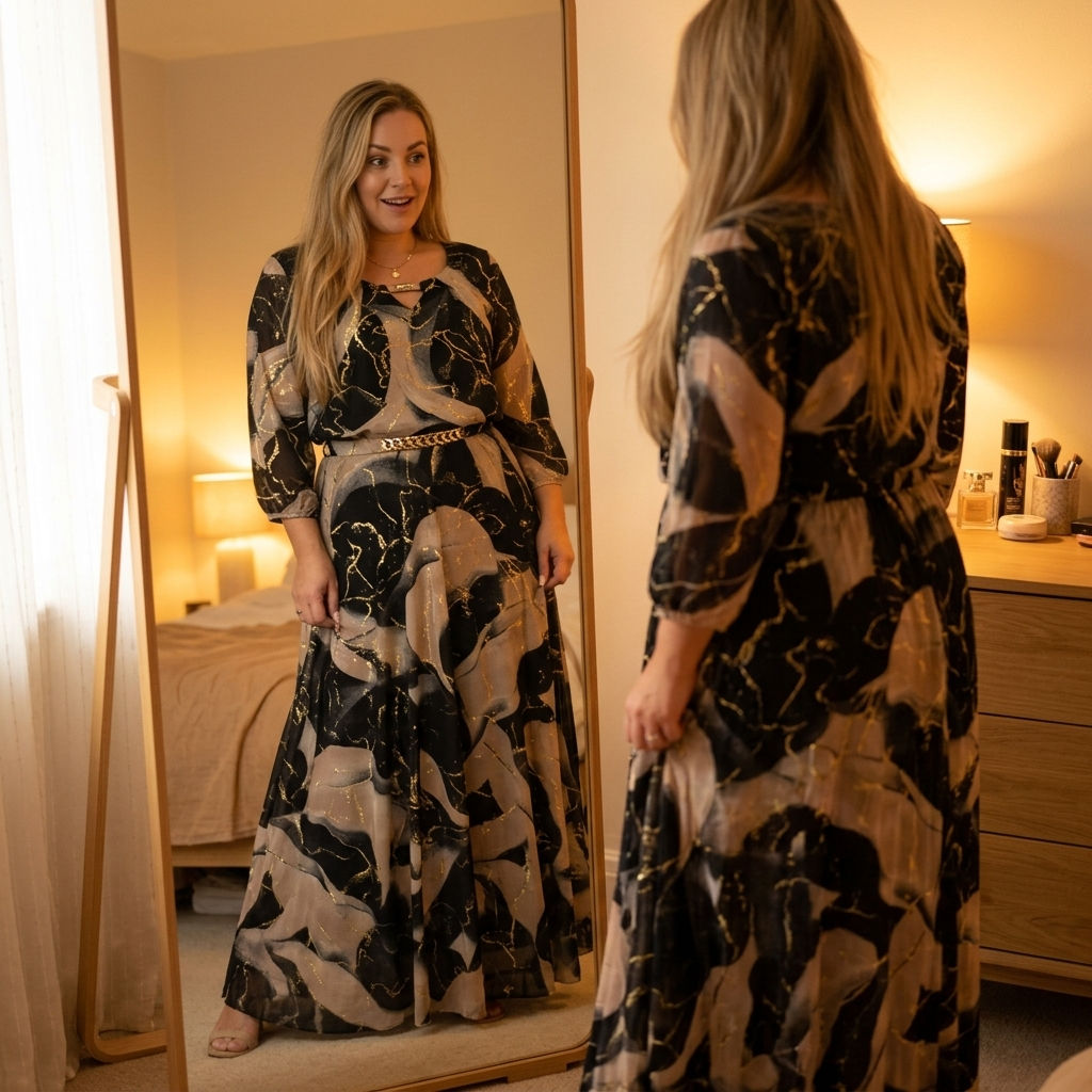 Vivara™ – Marble Gold Chiffon Maxi Dress