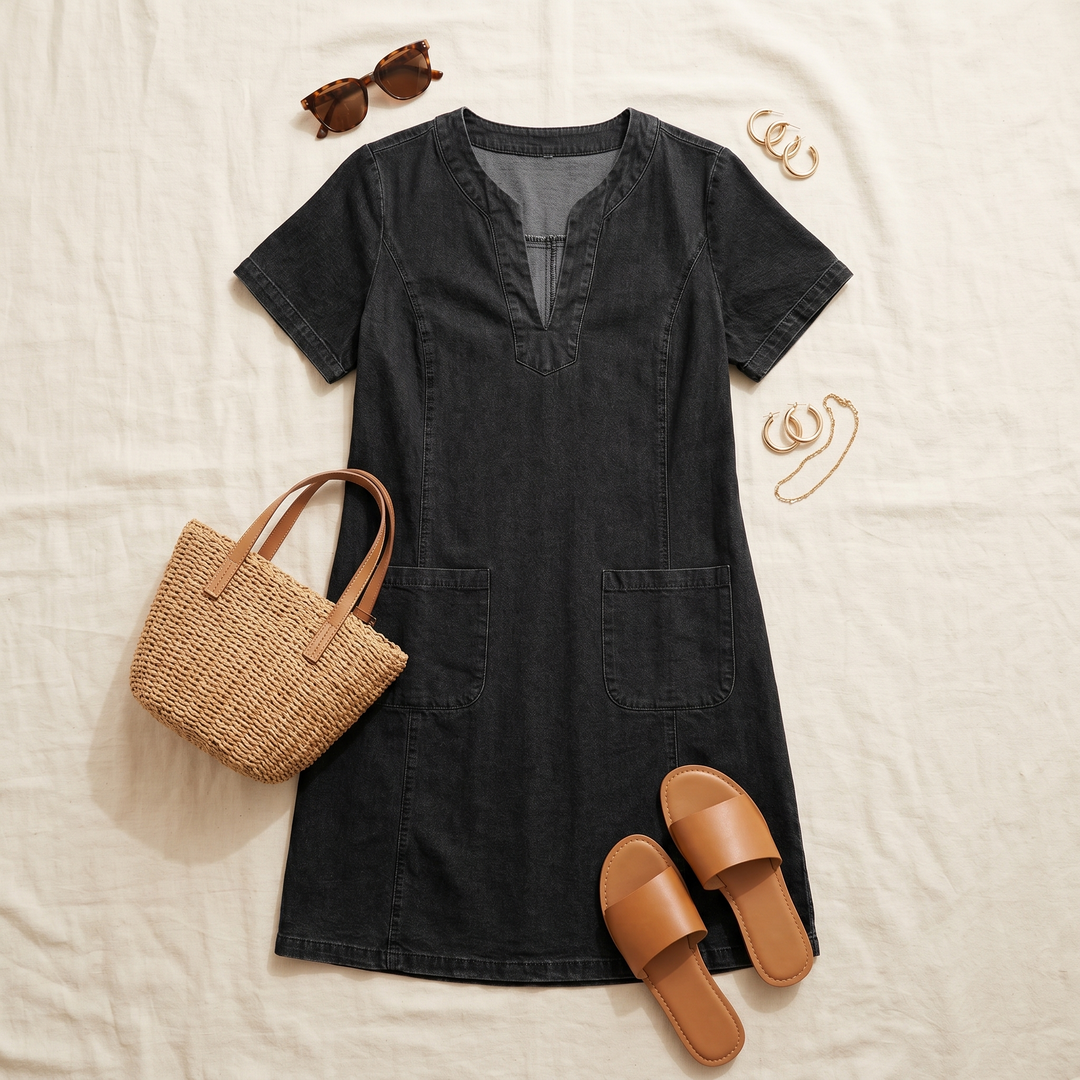 Aurelene™ – V-Neck Denim Dress with Pockets