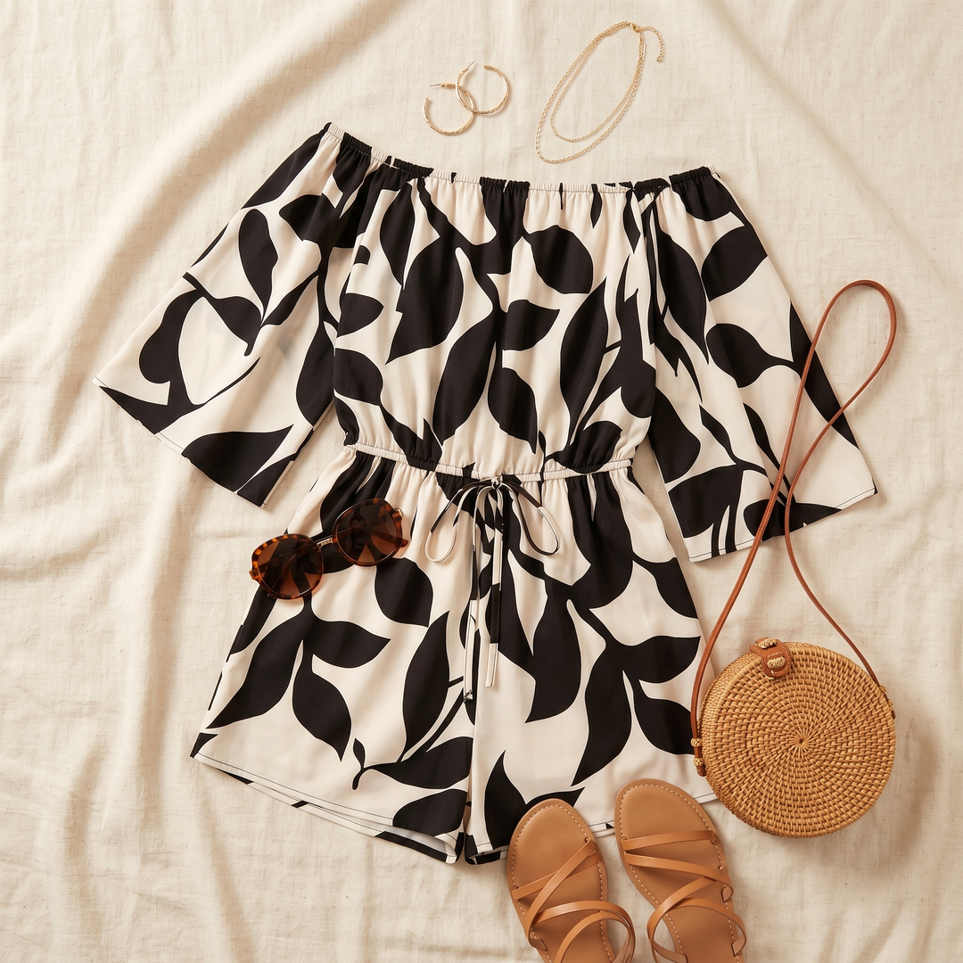 Lunavia™ – Off-Shoulder Leaf-Print Romper