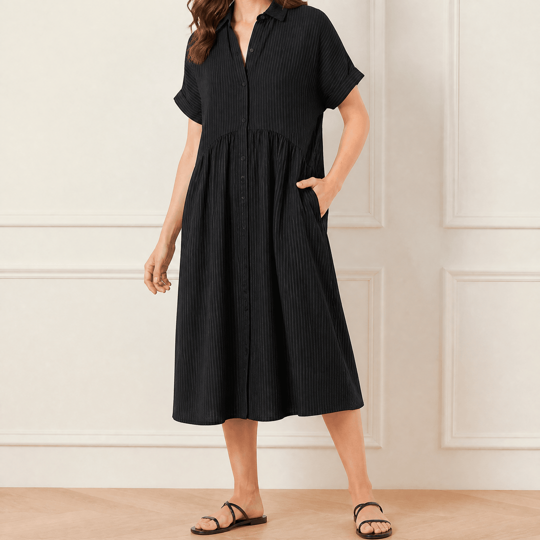 Linara™ – Striped Midi Shirt Dress with Pockets