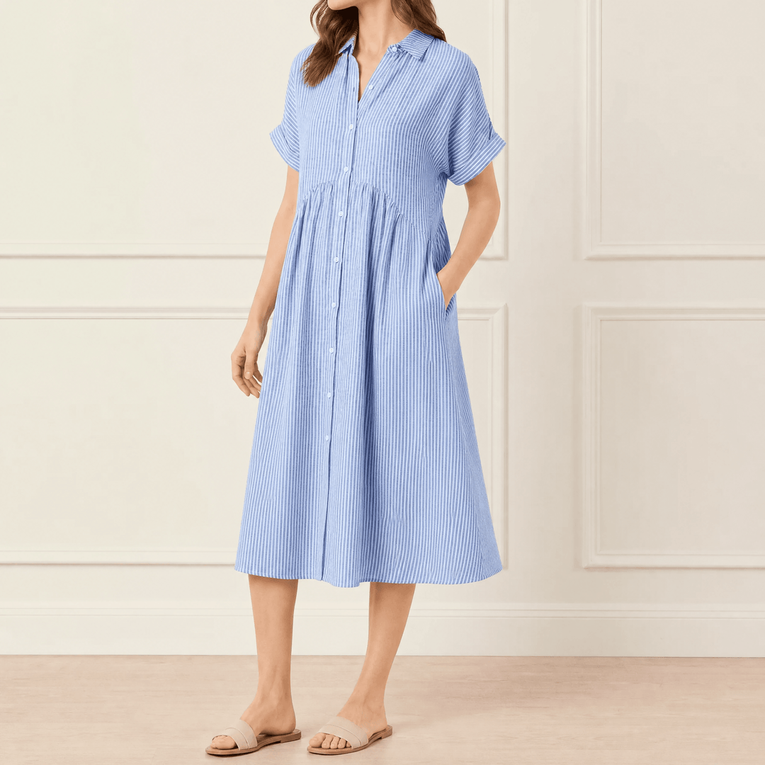 Linara™ – Striped Midi Shirt Dress with Pockets