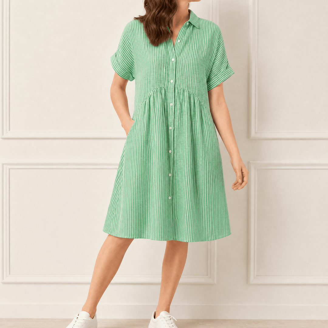 Linara™ – Striped Midi Shirt Dress with Pockets