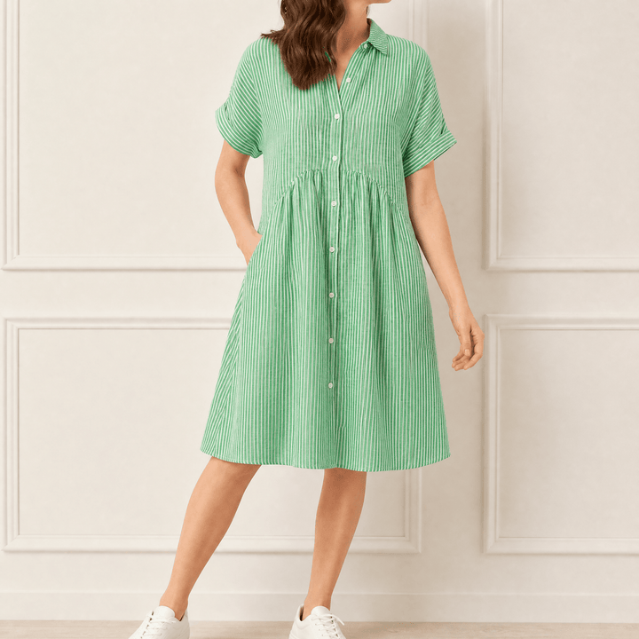 Linara™ – Striped Midi Shirt Dress with Pockets