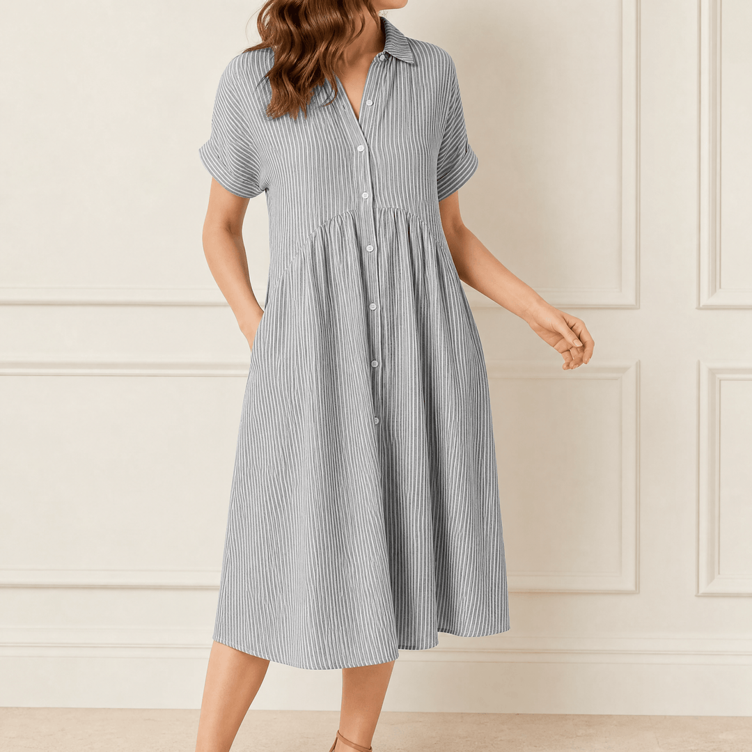 Linara™ – Striped Midi Shirt Dress with Pockets
