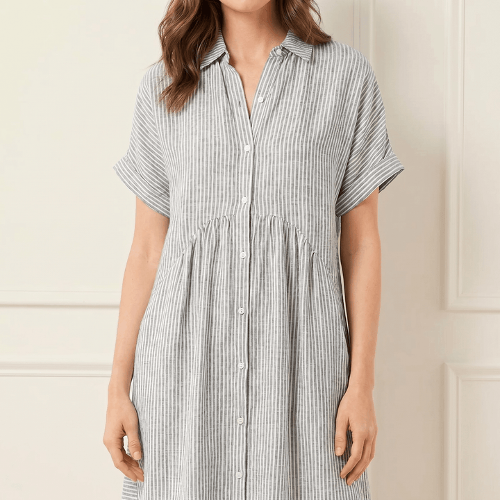 Linara™ – Striped Midi Shirt Dress with Pockets