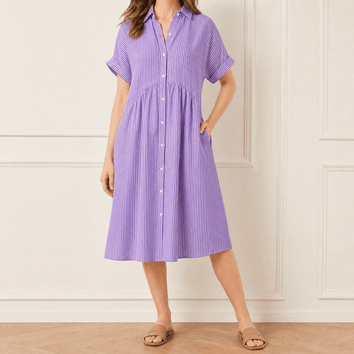 Linara™ – Striped Midi Shirt Dress with Pockets