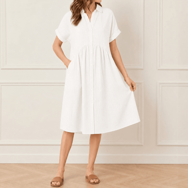 Linara™ – Striped Midi Shirt Dress with Pockets