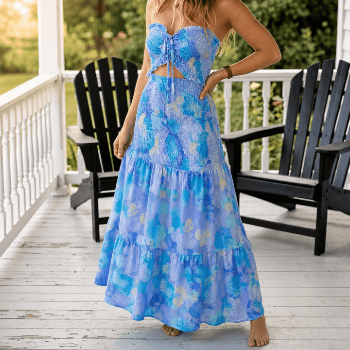 Liriosa™ – Palm-Print Strapless Maxi Dress