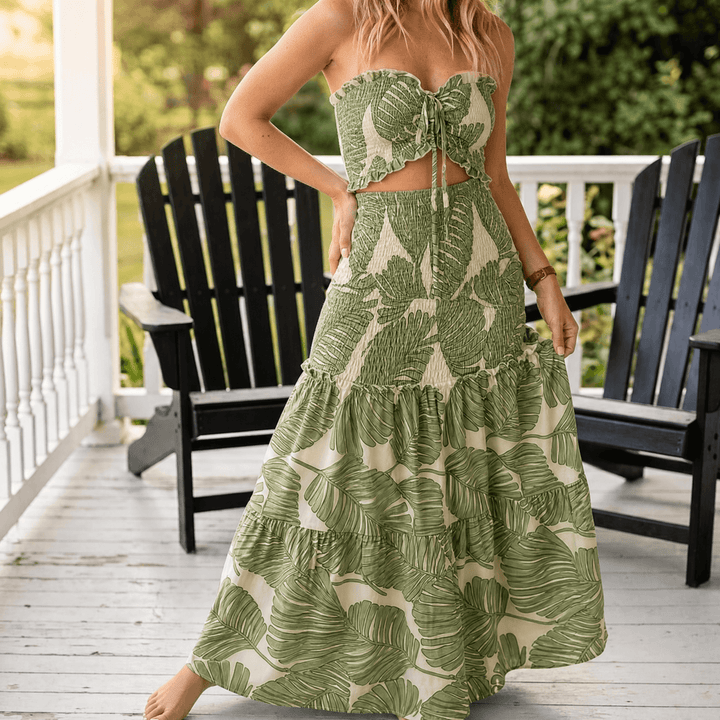 Liriosa™ – Palm-Print Strapless Maxi Dress