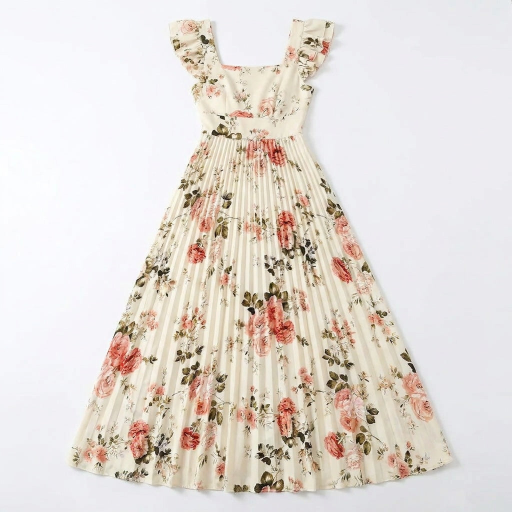 Florelle™ - Square-Neck Floral Pleated Maxi Dress