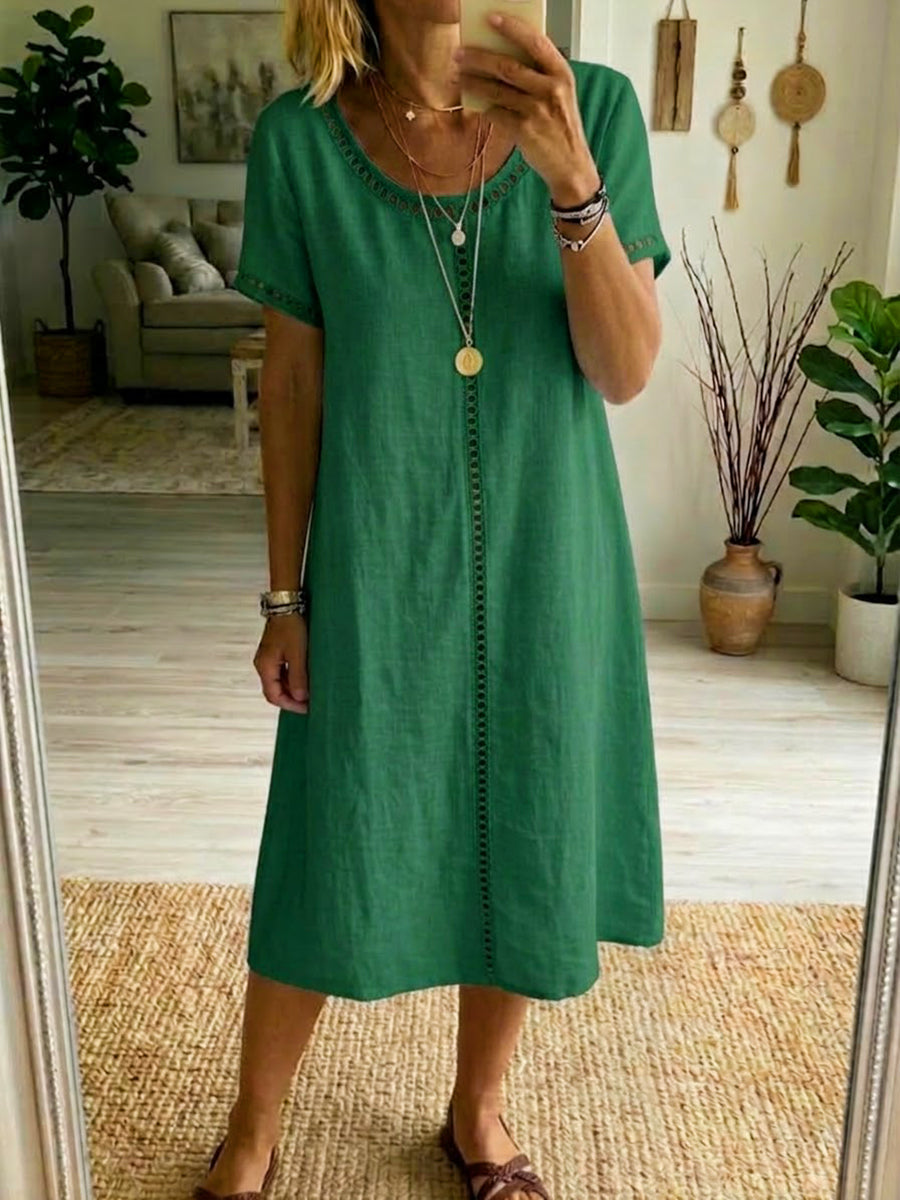 Ava - Eyelet-Trim Casual Linen Midi Dress