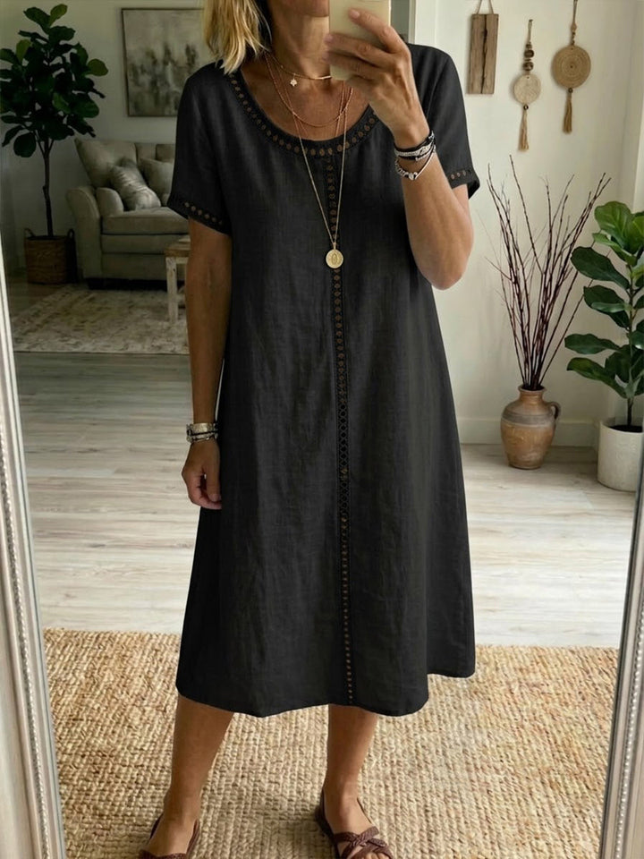 Ava - Eyelet-Trim Casual Linen Midi Dress
