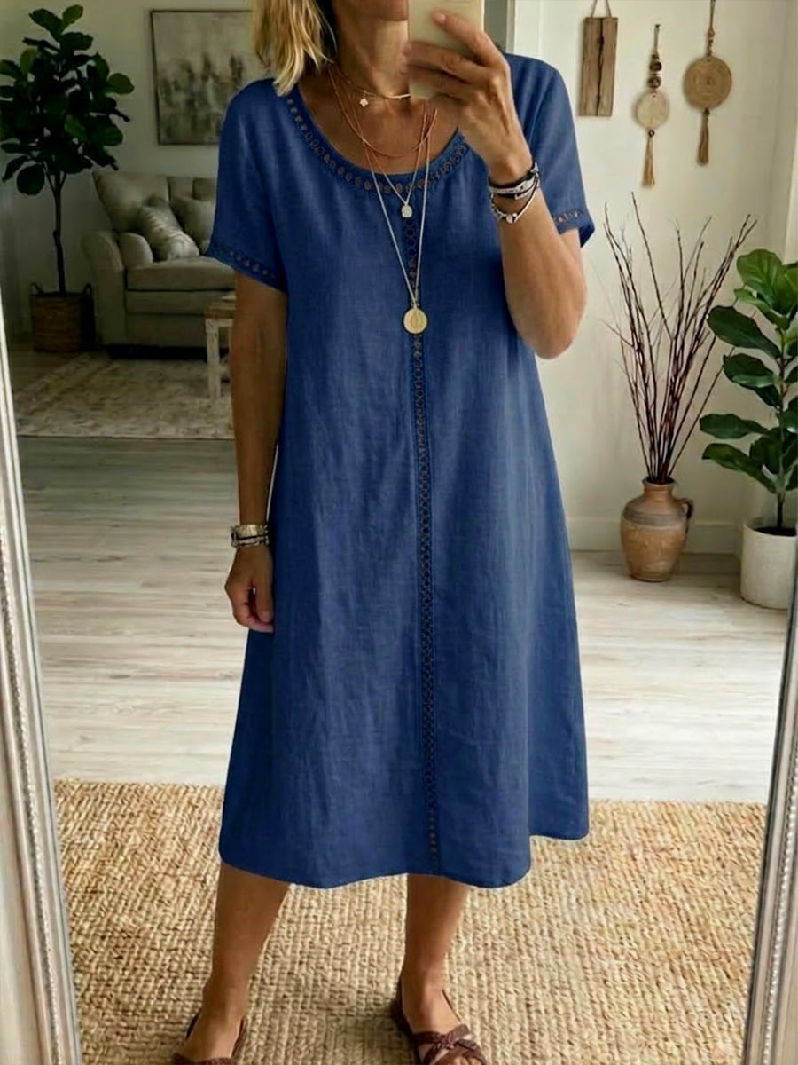 Ava - Eyelet-Trim Casual Linen Midi Dress