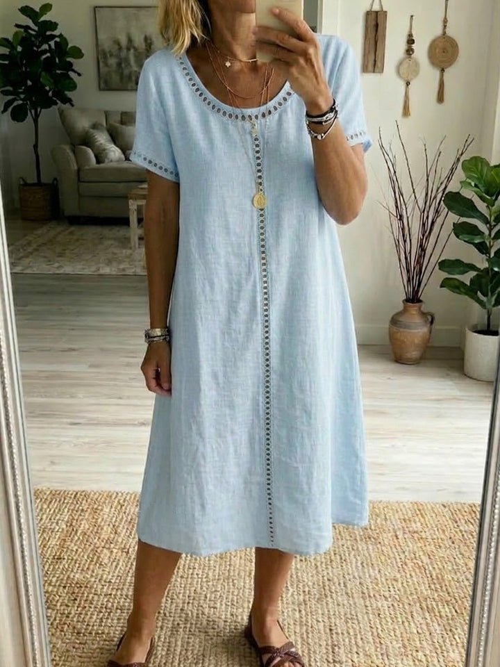 Ava - Eyelet-Trim Casual Linen Midi Dress