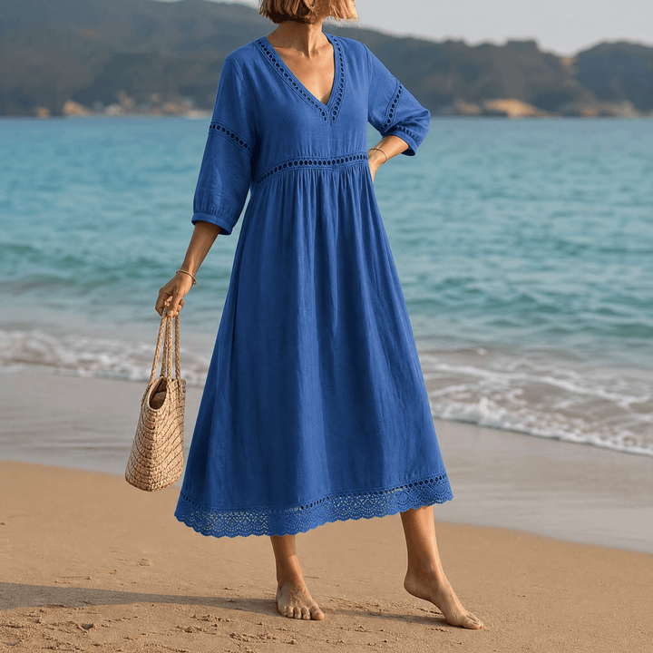 Solmera™ – Crochet Trim Midi Dress