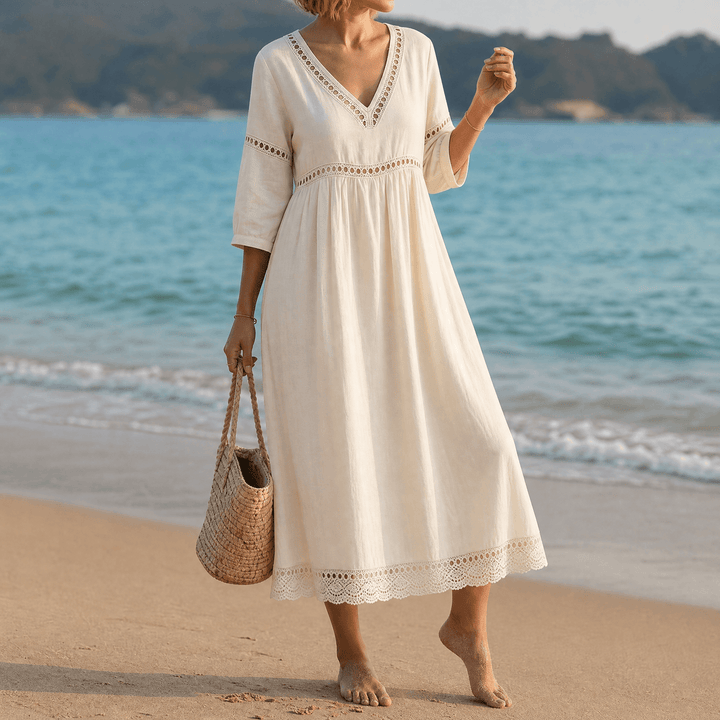 Solmera™ – Crochet Trim Midi Dress