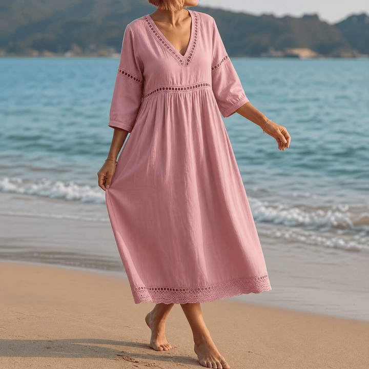 Solmera™ – Crochet Trim Midi Dress