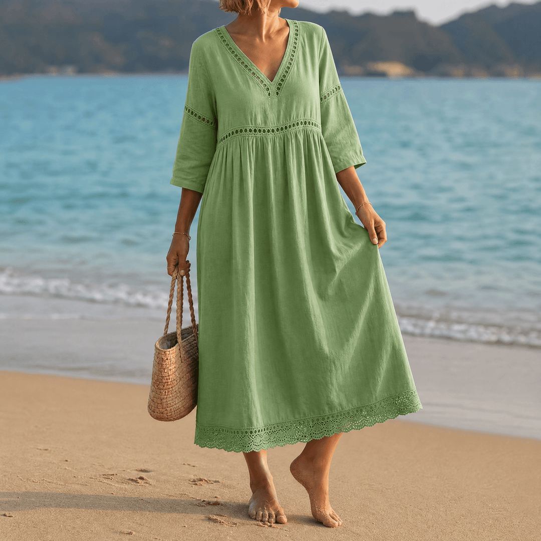 Solmera™ – Crochet Trim Midi Dress