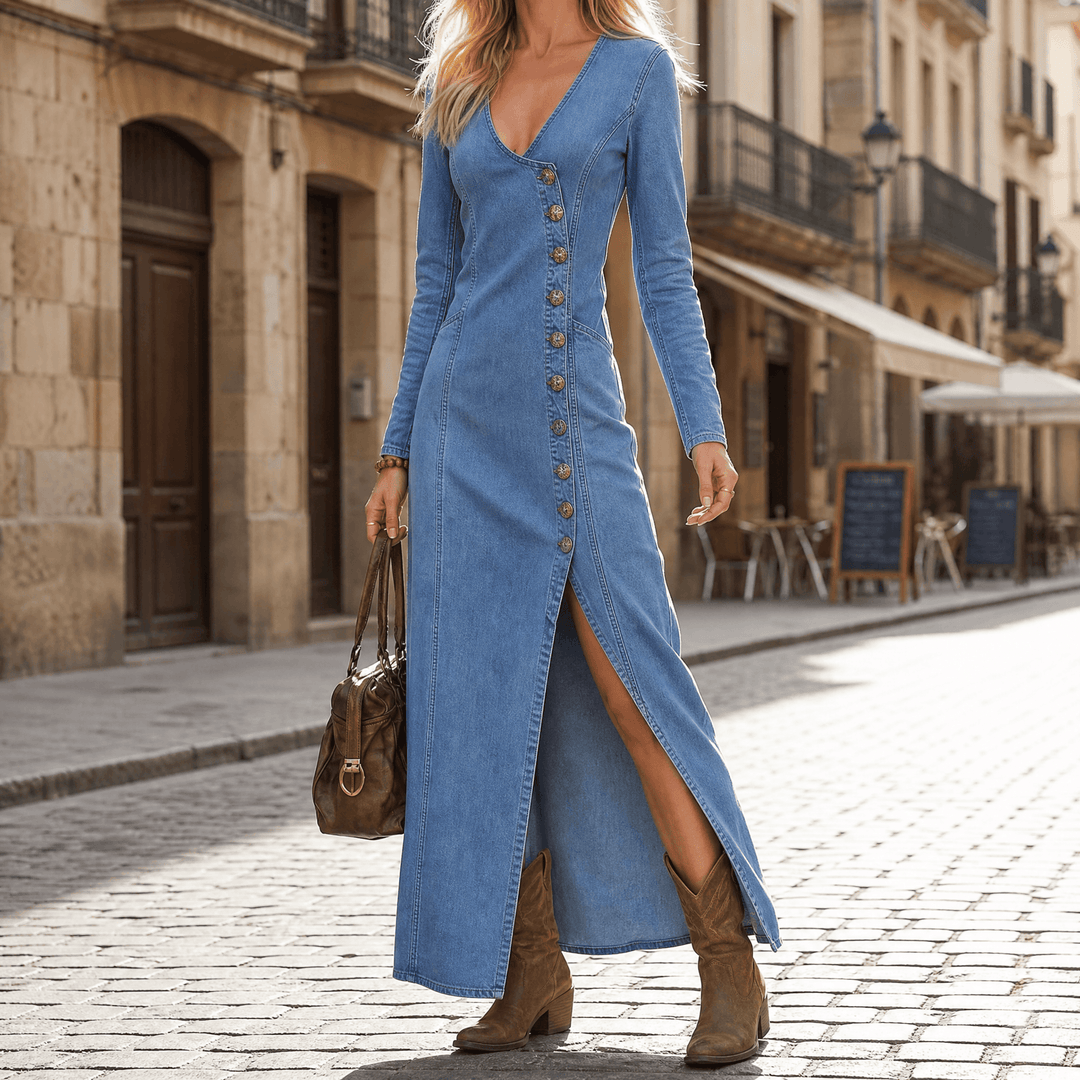 Vivara™ – Asymmetric Button Slit Maxi Dress