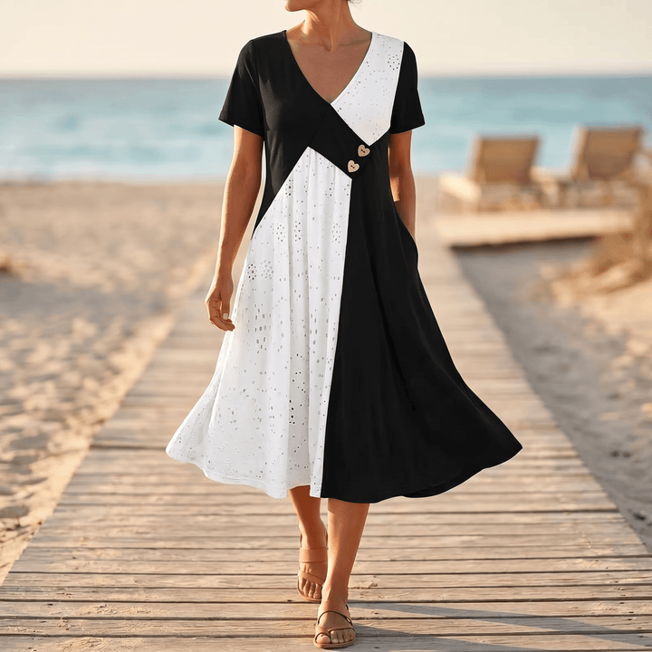 Vivara™ – Diagonal Patchwork V Neck Midi Dress