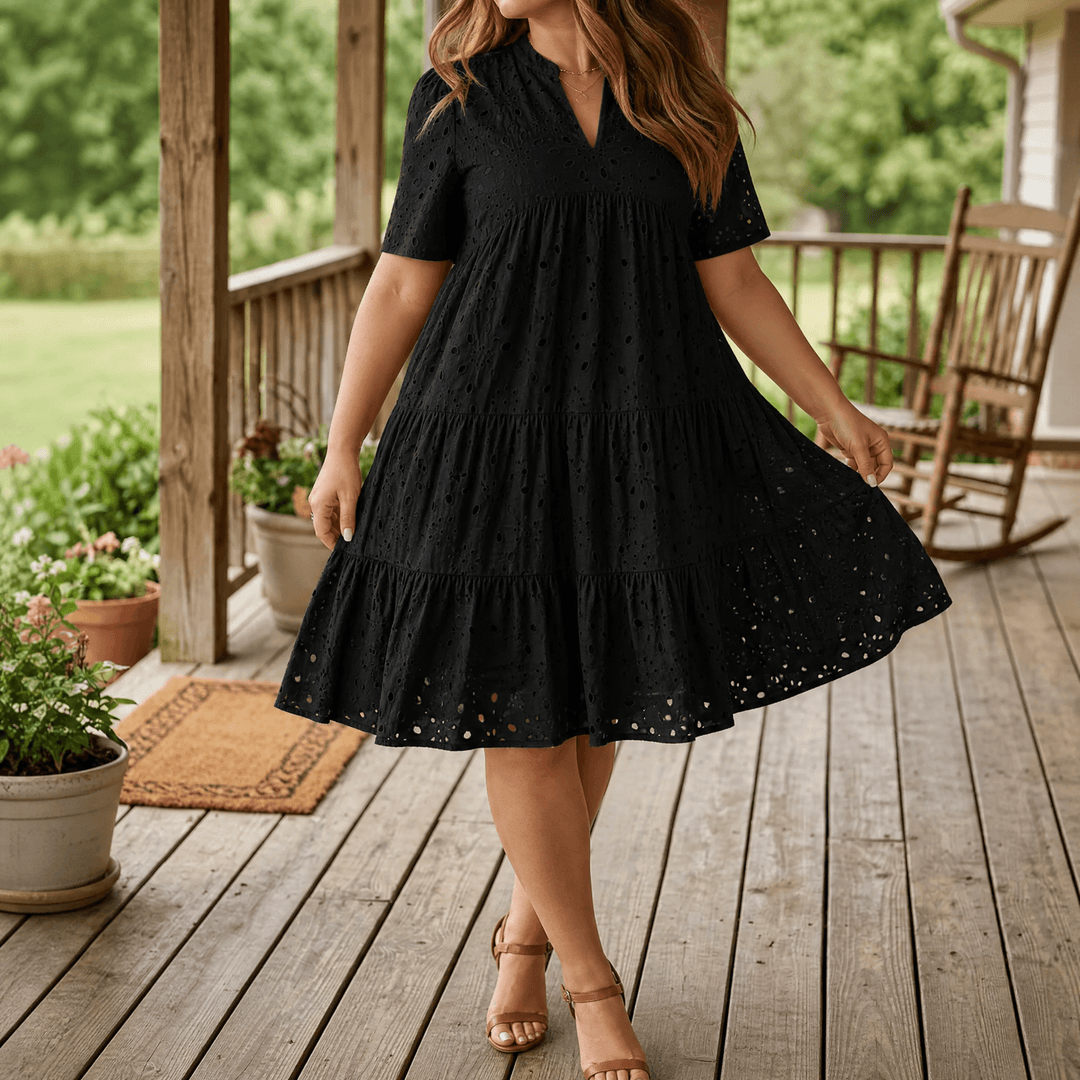 Wearbella™ – Flowy V-Neck Eyelet Dress for Curvy Fit